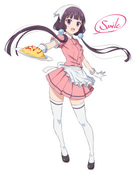 1girl apron blend_s blunt_bangs gloves hair_ornament headscarf long_hair looking_at_viewer low_twintails open_mouth purple_eyes sakuranomiya_maika shirt short_sleeves skirt smile solo stile_uniform thighhighs twintails ushio_(0632cd-0729jf) very_long_hair waitress white_gloves white_headscarf white_thighhighs