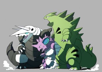 absurdres aggron blue_eyes blue_sclera claws colored_sclera fangs full_body gen_1_pokemon gen_2_pokemon gen_3_pokemon highres horns iemon0248 nidoking nintendo no_humans open_mouth pokemon pokemon_(creature) pokemon_focus simple_background single_horn tail teeth tyranitar