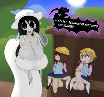 1futa 2girls age_difference ass black_sclera blonde_hair blue_eyes breasts brown_eyes brown_hair clothed_sex colored_sclera colored_skin english_text futa_with_female futanari grey_skin hasshaku-sama highres huge_ass huge_breasts huge_penis huge_testicles loli long_hair looking_at_penis medium_hair multiple_girls open_mouth penis penis_awe penis_grab red_eyes school_uniform size_difference speech_bubble testicles tongue tongue_out touhoufan twintails