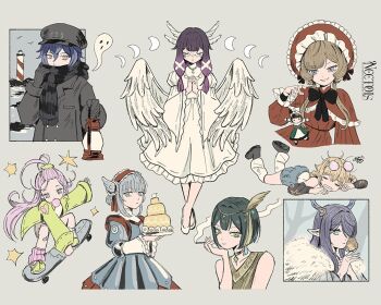 1boy 6+girls aino_(genshin_impact) alternate_costume antlers artist_name bangs_pinned_back bird black_bow black_hair blowing_bubble_gum blue_eyes blue_hair bonnet bow brown_background brown_hair cake chewing_gum closed_eyes coat columbina_(genshin_impact) commentary dress english_commentary eye_mask eyewear_on_head feather_hair_ornament feathered_wings feathers flins_(genshin_impact) food frilled_sleeves frills genshin_impact ghost gloves green_eyes green_hair hair_between_eyes hair_ornament hair_over_one_eye head_wings headdress holding holding_lantern holding_plate horns ineffa_(genshin_impact) jacket jahoda_(genshin_impact) katheryne_(genshin_impact) lantern lauma_(genshin_impact) leg_warmers lighthouse long_hair long_sleeves mask multicolored_hair multiple_girls neetols nefer_(genshin_impact) own_hands_together pink_hair plate pointy_ears puppet purple_hair round_eyewear sandrone_(genshin_impact) scarf short_hair shorts sidelocks simple_background skateboard skateboarding sleeves_past_wrists smile smoking white_dress wide_sleeves wings yellow_eyes