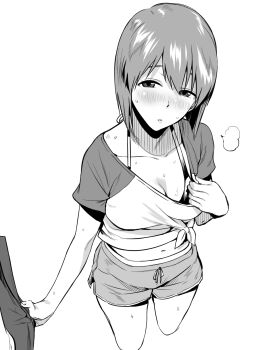 Rule 34 | 1boy, 1girl, blunt ends, blush, bra, breasts, clothes grab, clothes pull, commentary request, cropped legs, dolphin shorts, greyscale, hagiwara yukiho, highres, idolmaster, idolmaster (classic), jacket grab, kirihara you, lips, monochrome, out of frame, producer (idolmaster), pulling own clothes, shirt, shirt pull, short sleeves, shorts, simple background, solo focus, sweat, tied shirt, underwear, white background