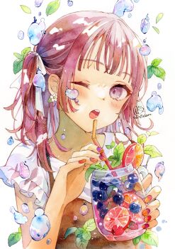 1girl artist_name blueberry blush bow brown_eyes brown_hair drinking_straw earrings flower_earrings food frilled_sleeves frills fruit glass hair_bow highres holding holding_drinking_straw holding_jar jar jewelry leaf looking_at_viewer medium_hair multicolored_nails one_eye_closed open_mouth original painting_(medium) purple_nails red_nails shirt short_sleeves simple_background solo teeth traditional_media upper_body water_drop watercolor_(medium) white_background white_bow white_shirt wispy_bangs yuyuharu_1027