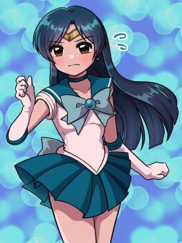 1girl bishoujo_senshi_sailor_moon blue_bow blue_choker blue_hair blue_sailor_collar blue_skirt blunt_ends bow brooch brown_eyes choker circlet closed_mouth cosplay cowboy_shot earrings elbow_gloves floating_hair flying_sweatdrops gloves highres idolmaster idolmaster_(classic) jewelry kisaragi_chihaya long_hair magical_girl miniskirt okazuhamburg pleated_skirt sailor_collar sailor_mercury sailor_mercury_(cosplay) sailor_senshi_uniform skirt solo standing star_(symbol) star_earrings white_gloves