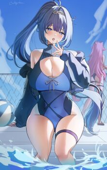 2girls ahoge artist_name ball beachball blue_eyes blue_hair blue_one-piece_swimsuit blue_sky breasts chain chain-link_fence chain_hairband cleavage commentary covered_navel day english_commentary feet_out_of_frame fence hand_to_own_mouth highleg highleg_one-piece_swimsuit hololive hololive_english huge_weapon ibbychan jacket long_hair long_sleeves looking_at_viewer multiple_girls off_shoulder official_alternate_costume one-piece_swimsuit open_clothes open_jacket open_mouth ouro_kronii ouro_kronii_(holonatsu_paradise) outdoors pink_hair ponytail poolside raora_panthera sky soaking_feet solo_focus swimsuit thigh_strap twitter_username very_long_hair virtual_youtuber weapon