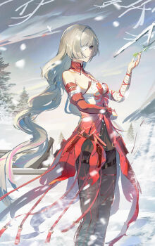 Rule 34 | 1girl, absurdres, arm across waist, bandage over one eye, bandaged arm, bandages, bare shoulders, black pantyhose, black skirt, breasts, closed mouth, detached sleeves, dress, from side, grey hair, halter dress, halterneck, hand up, highres, huqu (huqu45712), long hair, looking at hand, medium breasts, missing commentary, multicolored hair, outdoors, pantyhose, phrolova (wuthering waves), red dress, single detached sleeve, skirt, snow, snowing, solo, streaked hair, winter, wuthering waves