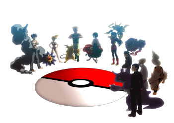 1990s_(style) 3girls 5boys alakazam arcanine bald bikini black_hair blaine_(pokemon) blonde_hair brock_(pokemon) crossed_arms erika_(pokemon) formal_clothes gen_1_pokemon giovanni_(pokemon) gym_leader hands_on_own_hips highres long_hair misty_(pokemon) multiple_boys multiple_girls nakakore nate_(pokemon) nidoking nintendo onix orange_hair poke_ball pokemon pokemon_(creature) pokemon_rgby raichu red_bikini retro_artstyle sabrina_(pokemon) spoon starmie suit surge_(pokemon) swimsuit topless_female vileplume weezing