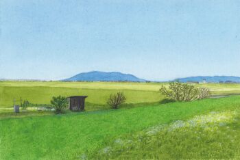 absurdres blue_sky building clear_sky colorful commentary_request day field highres hill kei_(pixiv_123201931) no_humans original outdoors painting_(medium) rural scenery sky traditional_media tree watercolor_(medium)