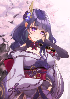 1girl absurdres arm_up armor blush breasts bridal_gauntlets cherry_blossoms cleavage closed_mouth clothing_cutout commentary genshin_impact hair_ornament head_tilt highres huge_breasts japanese_clothes kimono long_hair long_sleeves mitsudomoe_(shape) off_shoulder pink_background pink_lips purple_eyes purple_hair purple_kimono raiden_shogun red_sash sash shoulder_armor shoulder_cutout shy solo tamakimikyumi tomoe_(symbol) tree upper_body wide_sleeves