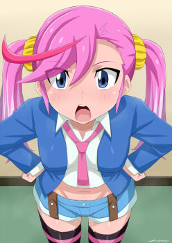 1girl chicago-x coat digimon digimon_universe:_appli_monsters karan_eri long_hair navel necktie open_mouth pussy_juice shorts sweat thighhighs twintails