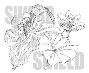 1boy 1girl absurdres armor bleach boots breasts cleavage cleavage_cutout clothing_cutout cropped_jacket dual_wielding english_text fighting_stance full_body furrowed_brow greyscale hair_ornament highres holding inoue_orihime kurosaki_ichigo large_breasts long_hair long_skirt midriff monochrome navel open_mouth outstretched_arms parted_lips rakusakugk sandals short_hair shoulder_armor sketch skirt snowflake_hair_ornament spiked_hair tabi white_background