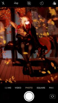 absurdres animal_ears apple arknights autumn autumn_leaves bag baguette black_jacket blonde_hair bread brown_pantyhose brown_tail closed_mouth commentary day english_text food fox_ears fox_girl fox_tail fruit full_body groceries grocery_bag highres jacket leaf long_hair long_sleeves looking_at_viewer outdoors pantyhose paper_bag red_scarf scarf shopping_bag tail user_interface vulpisfoglia_(arknights) wind ya_ya_bu_gaga yellow_eyes