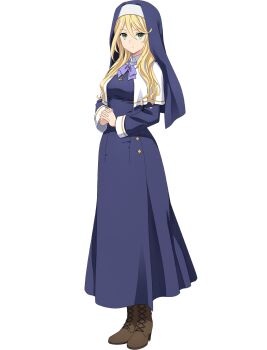 Rule 34 | 1girl, blonde hair, blue dress, blue skirt, blue veil, boots, breasts, brown shoes, capelet, closed mouth, collared capelet, collared shirt, dot nose, dress, engage kiss, female focus, full body, gold necklace, green eyes, highres, jewelry, lace-up boots, large breasts, long hair, long skirt, long sleeves, looking at viewer, neckerchief, necklace, nun, purple neckerchief, sharon holygrail, shirt, shoes, simple background, skirt, solo, standing, veil, white background, white capelet