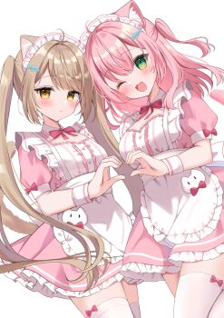 Rule 34 | 2girls, :d, animal ear fluff, animal ears, apron, blush, brown hair, cat ears, cat girl, cat tail, commentary request, double-parted bangs, fang, fish hair ornament, frilled apron, frills, green eyes, hair ornament, hamico, heart, heart hands, heart hands duo, highres, long hair, maid, maid apron, maid headdress, multiple girls, one eye closed, one side up, open mouth, original, pink hair, skin fang, smile, swept bangs, tail, thighhighs, twintails, very long hair, white background, yellow eyes