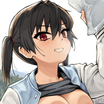 Rule 34 | 1girl, against glass, black hair, black shirt, blush, breast press, breasts, breasts on glass, cleavage, clothes lift, commentary request, day, gaki kyonyuu, grin, hair between eyes, jacket, kaedeko (kaedelic), large breasts, long sleeves, looking at viewer, mesugaki, naughty face, no bra, open clothes, open jacket, oppai loli, out-of-frame censoring, outdoors, red eyes, sasaki kanna, shirt, shirt lift, short twintails, sidelocks, simple background, smile, solo, twintails, upper body, white background, white jacket, wiping