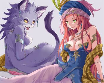 Rule 34 | 2girls, alternate form, animal ears, armlet, ass, belladonna (seiken densetsu 3), bracelet, breasts, cat ears, cat girl, cat tail, claws, cleavage, colored sclera, dual persona, earrings, fangs, feathers, furry, green eyes, jewelry, long hair, multiple girls, necklace, no nipples, oinari sanda, open mouth, purple fur, purple hair, red hair, red sclera, ring, seiken densetsu, seiken densetsu 3, slit pupils, tail, tongue, tongue out, turban, yellow eyes