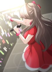 Rule 34 | 1girl, absurdres, audience, bow, brown hair, closed eyes, commentary request, do! do! do! (love live!), dress, earrings, feet out of frame, from above, fujishima megumi, glowstick, hair bow, heart, heart earrings, highres, holding, holding microphone, jewelry, link! like! love live!, long hair, love live!, lower teeth only, medium dress, microphone, outstretched arm, penlight (glowstick), profile, red bow, red bracelet, red dress, short sleeves, solo, stage, teeth, tsubuan (in taiyaki), two side up, virtual youtuber