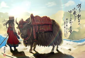 1girl brown_hair bull chinese_zodiac commentary_request dress full_body hat highres long_hair looking_back nengajou new_year original solo standing translation_request white_hat year_of_the_ox yomo_(rb_crr)