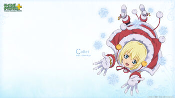 Rule 34 | 1girl, artist request, bandai namco, blonde hair, blue eyes, boots, capelet, christmas, colette brunel, colette brunel (christmas), copyright logo, copyright name, dress, from above, fur-trimmed boots, fur-trimmed capelet, fur-trimmed dress, fur-trimmed gloves, fur trim, gloves, highres, logo, looking at viewer, official alternate costume, official art, official wallpaper, open mouth, pom pom (clothes), red capelet, red dress, santa costume, simple background, smile, snowflakes, solo, tales of (series), tales of symphonia, third-party source, transparent background, white boots, white gloves, winter