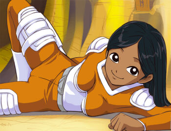 1girl arm_support belt black_eyes black_hair bodysuit breasts cameltoe cleavage crotch_seam dark-skinned_female dark_skin female_focus ginga_patrol_pj grey_belt happy haruyama_kazunori jumpsuit knee_up long_hair looking_at_viewer lying matching_hair/eyes medium_breasts on_floor on_side once_upon_a_time... orange_jumpsuit parted_bangs psi psi_(ginga_patrol_pj) puti_(ginga_patrol_pj) smile solo spread_legs