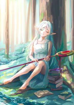 Rule 34 | 1girl, bare shoulders, barefoot, book, book stack, closed eyes, commentary request, dress, elf, forest, frieren, full body, grey hair, highres, holding, holding staff, long hair, nature, obie chimanako, open book, parted bangs, pointy ears, sleeveless, sleeveless dress, solo, sousou no frieren, staff, tree, under tree, water, waterfall, white dress