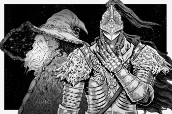 1girl 1other absurdres ambiguous_gender armor artist_name bloody_wolf_(elden_ring) border cape closed_mouth commentary cracked_skin elden_ring english_commentary extra_faces full_armor fur-trimmed_cape fur_trim gauntlets greyscale hat helmet highres large_hat long_hair looking_at_another looking_at_viewer menaslg monochrome one_eye_closed outside_border ranni_the_witch tarnished_(elden_ring) witch witch_hat
