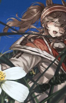 1girl angelina_(arknights) animal_ears arknights black_collar blue_sky brown_eyes brown_hair coat collar daisy_(flower) film_grain flower fox_ears fox_girl hair_between_eyes hairband heavy_film_grain highres infection_monitor_(arknights) jacket kirihara_aki leaf light_particles long_hair long_sleeves looking_at_viewer multicolored_hairband one_eye_closed open_clothes open_coat open_jacket open_mouth outdoors red_hairband red_jacket running sky solo striped_clothes striped_hairband teeth twilight twintails two-tone_hairband unzipped upper_teeth_only white_coat white_flower window_(computing)