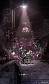 3girls absurdres aria_(zenless_zone_zero) black_hair black_skirt black_thighhighs building cityscape commentary_request grey_hair heart highres lamppost long_hair loose_socks multicolored_hair multiple_girls nangong_yu night pink_hair ponytail selfie shibuya_(tokyo) shirt skirt skyscraper socks solo_focus sunna_(zenless_zone_zero) thighhighs tokyo_(city) two-tone_hair two-tone_skirt welve white_shirt zenless_zone_zero