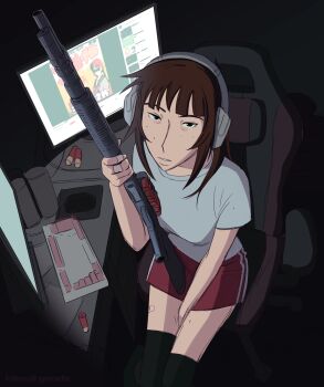 Rule 34 | 1girl, absurdres, ammunition, bandaid, bandaid on hand, bandaid on leg, benelli m4, between legs, black eyes, black thighhighs, breasts, brown hair, chair, commentary, english commentary, freckles, from above, gaming chair, grey shirt, gun, hand between legs, headphones, highres, hitsuji (hitsujigoods), holding, holding gun, holding weapon, instrument, kara eklund, keyboard (instrument), looking at viewer, medium hair, monitor, mousepad (object), original, shirt, shotgun, shotgun shell, sitting, small breasts, solo, swivel chair, thighhighs, weapon