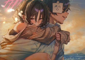 1boy 1girl absurdres arms_around_neck bare_shoulders betabeet blue_archive blush brown_hair brown_shirt carrying carrying_person closed_mouth from_side halo highres misaki_(blue_archive) misaki_(swimsuit)_(blue_archive) ocean outdoors piggyback red_eyes red_halo sensei_(blue_archive) shirt sleeves_past_wrists sunset upper_body white_shirt