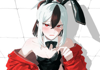 Rule 34 | 1girl, animal ears, black hair, black horns, black leotard, blue archive, blush, breasts, collarbone, commentary, detached collar, fake animal ears, furrowed brow, hair between eyes, highres, horns, jacket, kayoko (blue archive), leotard, long sleeves, looking at viewer, mole, mole on neck, multicolored hair, off shoulder, parted lips, playboy bunny, rabbit ears, red eyes, red jacket, shadow, sidelocks, small breasts, solo, two-tone hair, untranslatable commentary, upper body, white hair, y4mori gekko