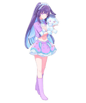 1girl aliasing alternate_costume animal_ears bead_necklace beads belt black_hat blue_hair blunt_ends boots breasts bright_pupils cleavage cleavage_cutout closed_mouth clothing_cutout colored_inner_hair commentary_request crop_top cropped_jacket crossed_legs doll ears_through_headwear expressionless floppy_ears full_body hairband hands_up hat high_ponytail highres holding holding_doll honkai_(series) honkai_impact_3rd idol idol_clothes jacket jewelry kemonomimi_mode knee_boots light_blush lolita_hairband long_hair looking_at_viewer medium_breasts merchandise_available midriff miniskirt multicolored_hair navel necklace open_clothes open_jacket partial_commentary petticoat ponytail purple_belt purple_boots purple_eyes purple_hair purple_jacket purple_skirt quilted_clothes quilted_skirt rabbit_ears rabbit_girl rabbit_tail raiden_mei raiden_mei_(herrscher_of_origin) roena rubber_boots simple_background skirt skirt_set solo sprinkles standing stuffed_animal stuffed_rabbit stuffed_toy tail three-quarter_sleeves turtleneck two-handed two-tone_hair very_long_hair watson_cross white_background white_hairband white_tail wrist_cuffs