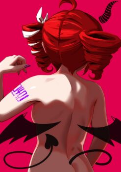 1girl ahoge arm_tattoo ass back bamboo_rindou black_wings butt_crack completely_nude demon_horns demon_tail drill_hair fingernails from_behind hair_ribbon hair_tubes highres horns kasane_teto long_fingernails nude number_tattoo purple_nails red_hair ribbon side_drill single_horn solo standing tail tattoo twin_drills utau vocaloid white_ribbon wings