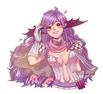 1girl absurdres alternate_color black_wings breasts bright_pupils brown_eyes cape champourado cleavage commentary creator_(ragnarok_online) demon_wings dress english_commentary flower gloves grey_cape grey_dress grey_gloves hair_flower hair_ornament head_wings highres large_breasts long_hair looking_at_viewer navel pink_flower plunging_neckline potion purple_hair ragnarok_online simple_background solo strapless strapless_dress upper_body vial white_background white_pupils wings