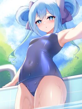 1girl absurdres armpit_focus armpits bare_shoulders blue_eyes blue_hair blue_sky blurry blush bow breasts canian cloud covered_navel cowboy_shot day hair_bow hair_ribbon highres long_hair looking_at_viewer old_school_swimsuit one-piece_swimsuit ongeki outdoors pool pool_ladder poolside ribbon school_swimsuit sky small_breasts solo standing suzushima_arisu swimsuit symbol-shaped_pupils wading water wet wet_clothes