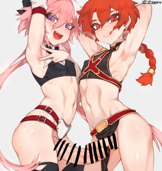 2boys alexander_(fate) armpits arms_up astolfo_(fate) bar_censor belt black_legwear braid braided_ponytail breath bulge censored covered_erect_nipples covered_penis crop_top crossdressing crossdressing_(mtf) fate/apocrypha fate/grand_order fate_(series) hair_between_eyes jtveemo large_penis licking_lips looking_at_viewer male_focus midriff multicolored_hair multiple_boys navel pelvic_curtain penis penis_size_difference penises_touching pink_hair presenting_armpit purple_eyes red_belt red_eyes red_hair single_braid skirt small_penis smile spread_armpit stomach streaked_hair thighhighs toned toned_male tongue tongue_out trap trap_on_trap twitter_username yaoi