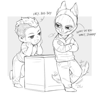 2boys animal_ears blush call_of_duty call_of_duty:_modern_warfare_2 crossed_arms dreaming_oor english_text ghost_(modern_warfare_2) jacket looking_at_another male_focus mask monochrome multiple_boys open_mouth pants seductive_smile shirt short_hair skull_mask smile soap_(modern_warfare_2) tail wolf_boy wolf_ears wolf_tail yaoi