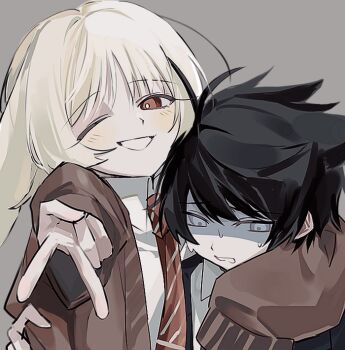 Rule 34 | 2boys, ;), akinashi haru, animal ears, arm around neck, blue eyes, brown cardigan, cardigan, cat ears, collared shirt, distress, dress shirt, grey background, grin, gyaru v, hand on another's back, haru18 ii, hashtag-only commentary, male focus, multiple boys, necktie, one eye closed, portrait, rabbit ears, red eyes, red necktie, saihate eki, shirt, smile, tatsunami shion, v, white hair, white shirt