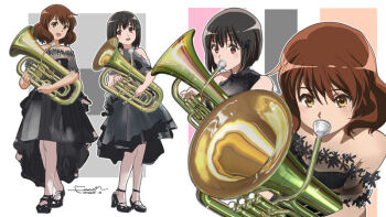 Rule 34 | 2girls, alternate costume, black dress, black hair, bob cut, brown hair, cocktail dress, dress, euphonium, fumi-a, hibike! euphonium, hisaishi kanade, idolmaster, idolmaster cinderella girls, instrument, multiple girls, music, oumae kumiko, playing instrument, short hair, white background