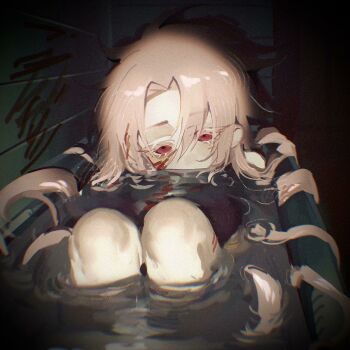1boy bathing blood blood_in_hair blood_in_water blood_on_face blood_on_leg blood_on_wall chinese_commentary colored_eyelashes commentary_request dark_room film_grain gao_tongren_wanjiebufu hatsutori_hajime highres implied_self-harm long_hair male_focus parted_bangs partially_submerged pink_hair red_eyes saibou_shinkyoku solo