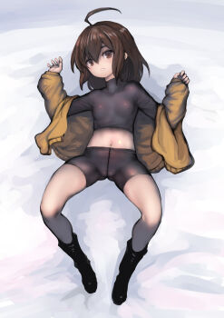 1girl ahoge bike_shorts black_boots black_shirt black_shorts boots breasts brown_eyes brown_hair cameltoe commentary_request covered_erect_nipples crop_top full_body gluteal_fold hair_between_eyes highres hood hoodie johan_(johan13) linne_(under_night_in-birth) long_sleeves looking_at_viewer lying medium_hair midriff navel off_shoulder on_back on_bed open_clothes open_hoodie parted_lips shirt shorts small_breasts solo tight_clothes under_night_in-birth white_mouth yellow_hoodie