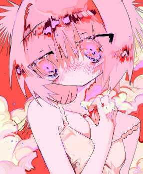 1girl absurdres bare_shoulders blood blush commentary_request edanoma_meu highres injury original pink_eyes pink_hair red_background scratching_neck shirt sleeveless sleeveless_shirt solo upper_body