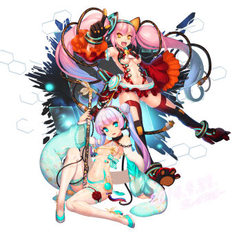 2girls absurdres arm_support blue_eyes blue_hair blush bodysuit breasts chain collar detached_sleeves ecell fang gloves gradient_hair hair_bun hat headgear highres long_hair looking_at_viewer microphone mini_hat mini_top_hat multicolored_hair multiple_girls navel open_mouth original panties pink_hair plug purple_hair see-through_clothes side-tie_panties simple_background single_hair_bun small_breasts smile thighhighs top_hat twintails two-tone_hair underboob underwear very_long_hair white_background white_legwear white_panties yellow_eyes