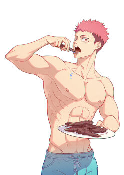 1boy itadori_yuuji jujutsu_kaisen kariki_hajime male_focus muscular muscular_male nipples open_mouth pants pink_hair plate solo sweatpants topless_male undercut white_background
