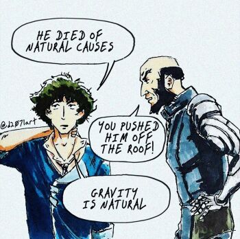 Rule 34 | 2boys, beard, cowboy bebop, d2071, facial hair, jet black, male focus, multiple boys, prosthesis, prosthetic arm, simple background, spike spiegel, white background