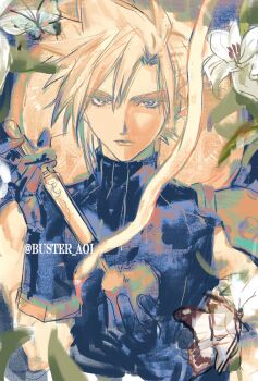 1boy apple armor black_gloves blonde_hair blue_eyes bug buster_aoi butterfly closed_mouth cloud_strife commentary_request final_fantasy final_fantasy_vii flower food fruit gloves highres holding holding_food holding_fruit holding_knife insect knife leaf lily_(flower) lips looking_at_viewer male_focus pauldrons plant shoulder_armor single_pauldron solo spiked_hair turtleneck unfinished white_flower