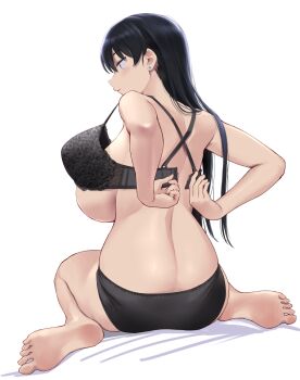 1girl arato_nagi ass barefoot black_bra black_hair black_panties bra breasts commentary_request earrings from_behind full_body jewelry large_breasts long_hair open_bra panties removing_bra ruri_no_houseki sideboob simple_background sitting soles solo stud_earrings underwear underwear_only unfastened wa_(genryusui) wariza