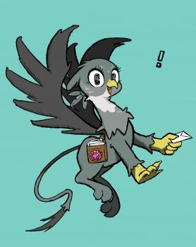 Rule 34 | !, absurdres, animal focus, aqua background, beak, creature, creature focus, envelope, feathered wings, flying, full body, gabby (my little pony), griffin, highres, holding, holding envelope, jaggy lines, looking at viewer, my little pony, my little pony: friendship is magic, no humans, noupu1115, ponytail, saddlebags, short ponytail, simple background, solo, tachi-e, wings