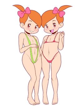 2girls bikini brown_eyes cleft_of_venus female_focus flat_chest full_body loli megasweet multiple_girls nintendo npc_trainer orange_hair pokemon pokemon_bw ribbon simple_background slingshot_swimsuit smile source_request swimsuit twins_(pokemon) white_background