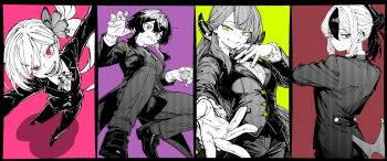 4girls absurdres aru_(blue_archive) black_hair black_shoes blue_archive breasts buttons ear_piercing evil_smile formal_clothes from_behind gloves green_eyes grey_background grin hair_between_eyes hair_ornament haruka_(blue_archive) highres horns kani_ka_nanika kayoko_(blue_archive) long_hair multicolored_hair multiple_girls mutsuki_(blue_archive) necktie open_mouth piercing pink_background pink_eyes ponytail problem_solver_68_(blue_archive) purple_background purple_eyes red_background red_eyes ribbon shirt shoes simple_background smile suit white_gloves white_shirt wings