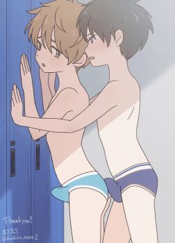 2boys against_locker animated animated_gif artist_name behind_another black_hair blue_briefs blue_male_underwear breathing briefs brown_eyes brown_hair bulge dondoko_mozutaro erection erection_under_clothes grinding heads_together humping indoors kodomo_doushi locker locker_room looking_back male_focus male_underwear multiple_boys open_mouth original short_hair shota standing underwear underwear_only yaoi